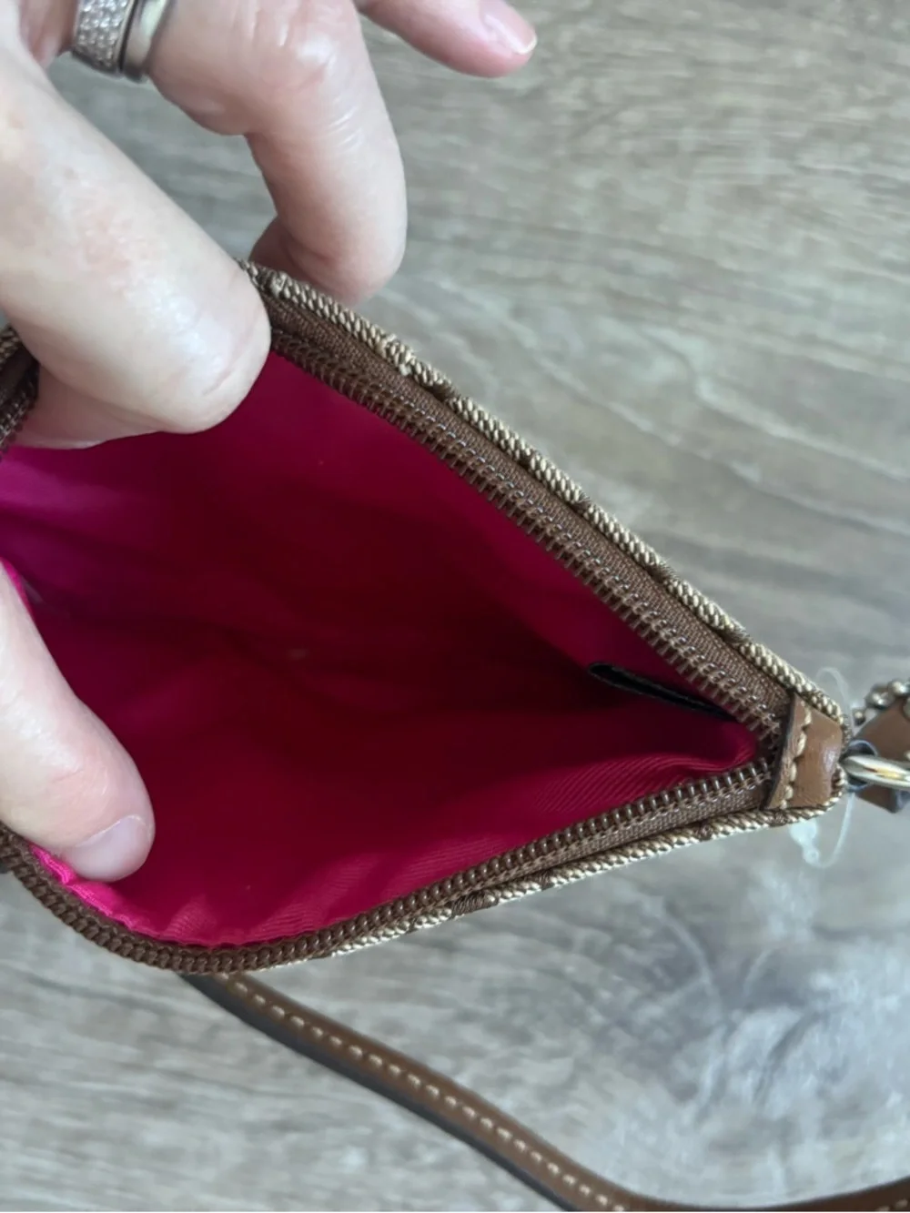 Coach Signature Wristlet in Brown and Hot Pink